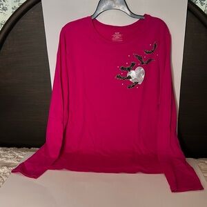 Halloween Women 3XL (22/24) L/S Pink Tee W/Bats, Metallic Heart & Jewels